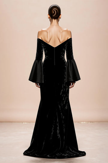 Black Off The Shoulder Flare Sleeve Velvet Evening Dress With Slit